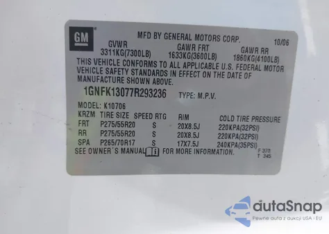 2007 Chevrolet Tahoe Ltz из США, поврежденный, VIN 1GNFK13077R293236